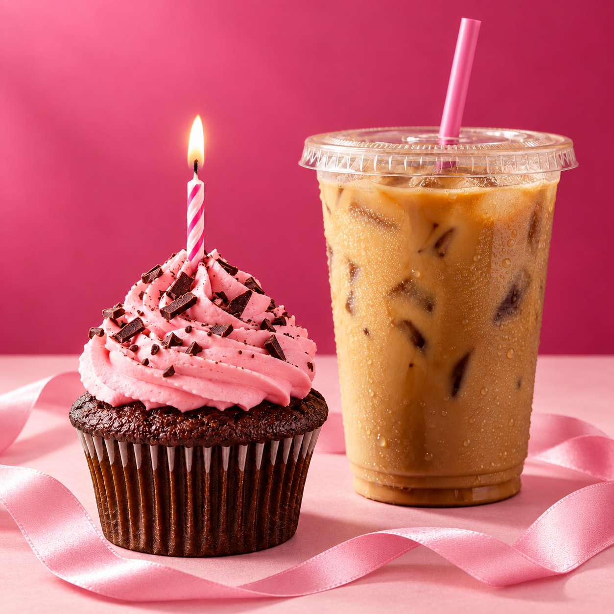 Pink birthday cupcake with a candle, iced latte, and satin ribbon